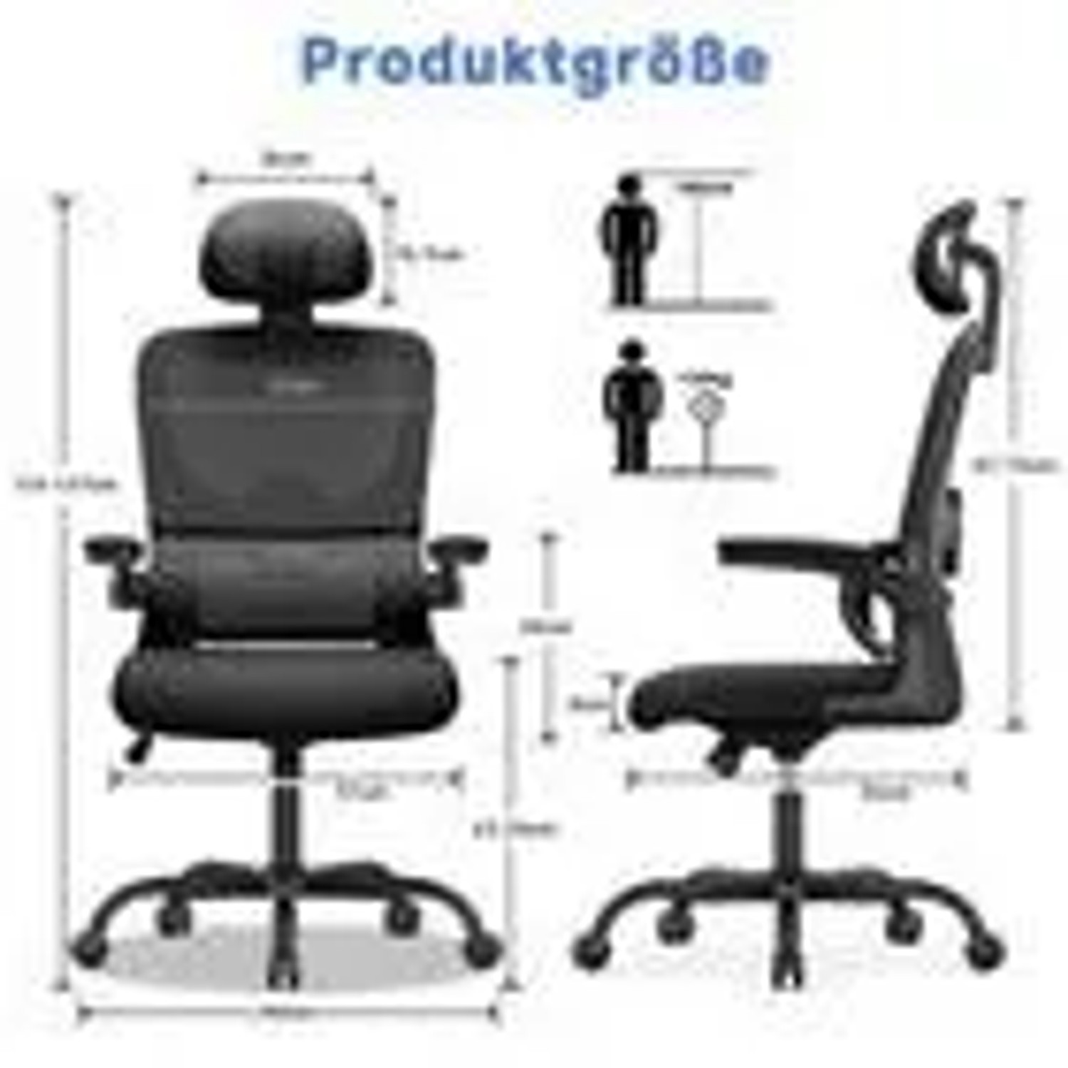 Maße des ergonomischen Rattantree Drehstuhls in Schwarz mit Wippfunktion und verstellbaren Armlehnen.