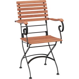 Schwarzer Klappstuhl Montgomery aus Akazie und Eisen, geeignet für Garten und Terrasse.