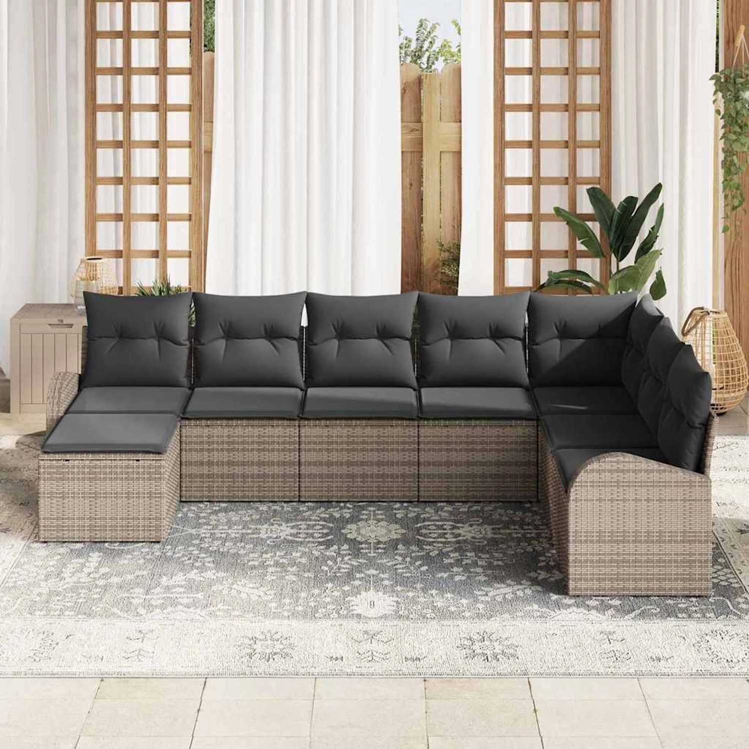 Graues 8-teiliges vidaXL Garten-Sofa-Set aus Poly Rattan mit Kissen.