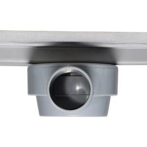 Schütte Duschrinne mit Edelstahl-Abdeckung und grauem Siphon von unten.