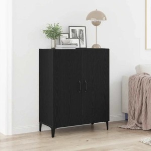 Schwarzes Sideboard in Eichen-Optik mit 2 Türen und Schubladen. Holzwerkstoff, 69,5x34x90 cm.