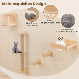 Wand-Katzenbaum aus Naturholz mit Kratzstämmen, Katzenhaus und Hängematte. Zwei Katzen nutzen die Kletterwand.