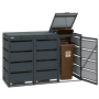 Anthrazitfarbene Mülltonnenbox aus verzinktem Stahl für 3x 120L Mülltonnen, robust und wetterfest. Eine Tür und Deckel sind offen.
