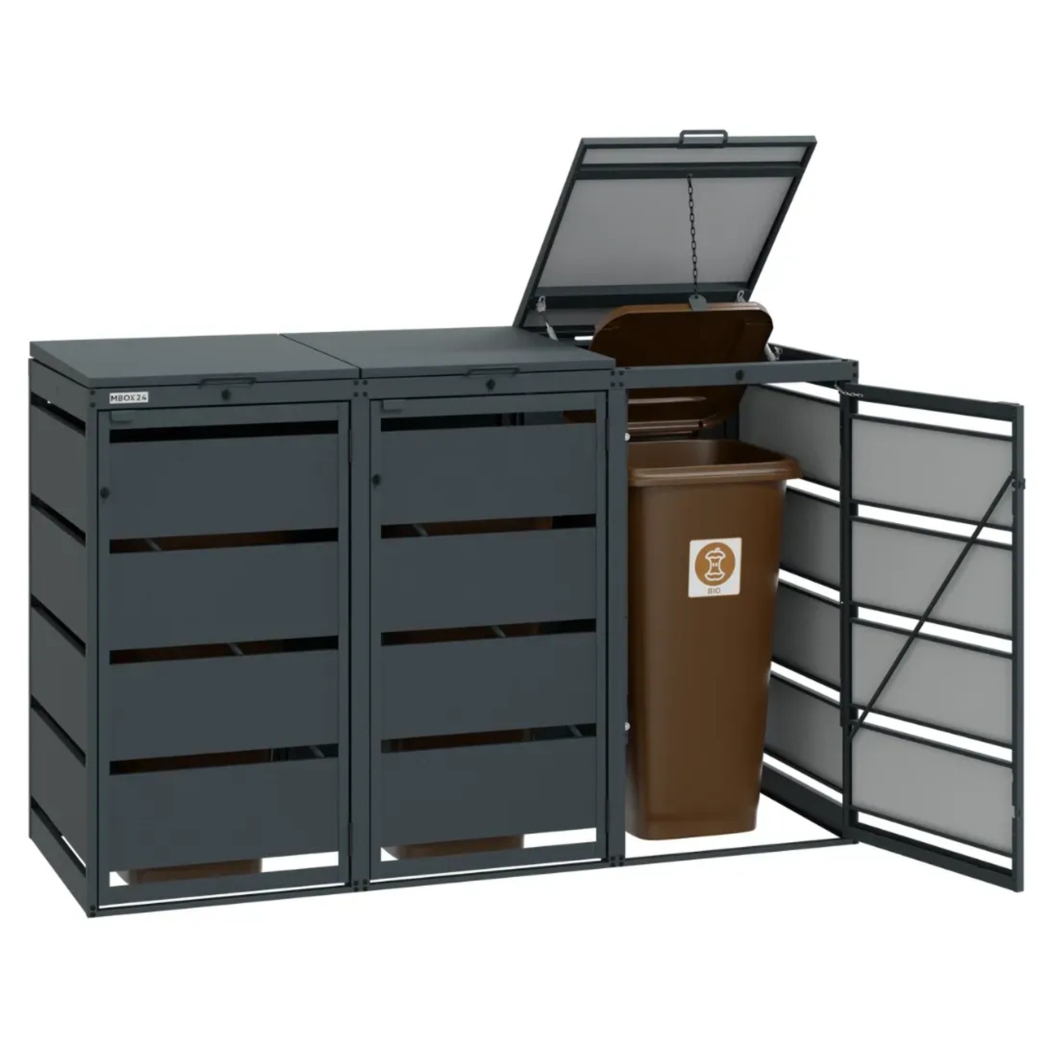 Anthrazitfarbene Mülltonnenbox aus verzinktem Stahl für 3x 120L Mülltonnen, robust und wetterfest. Eine Tür und Deckel sind offen.