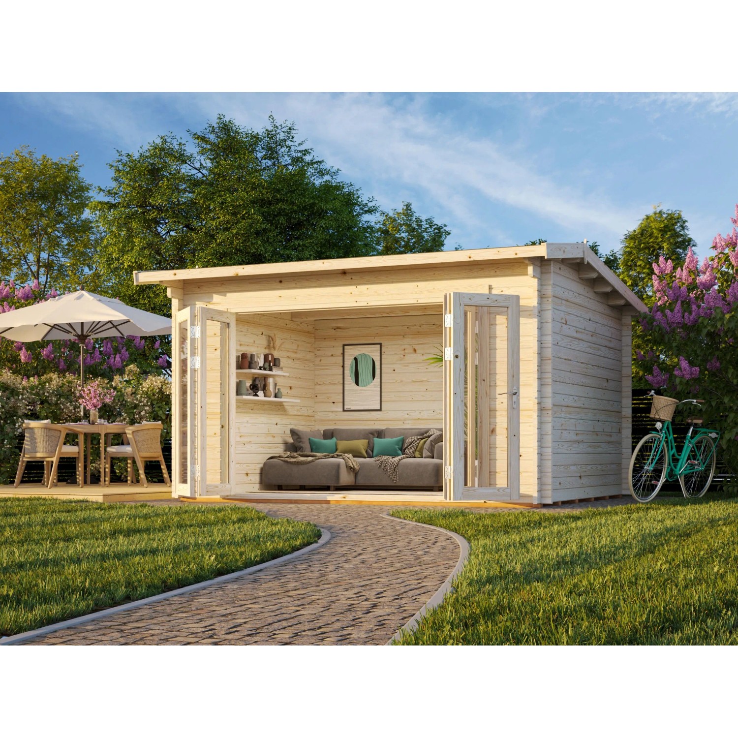 Palmako Ines Holz-Gartenhaus Grau Satteldach Tauchgrundiert 390 cm x 300 cm günstig online kaufen