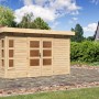 Naturbelassenes Karibu Holz-Gartenhaus Kastberg mit Flachdach (360x240cm) im Garten.