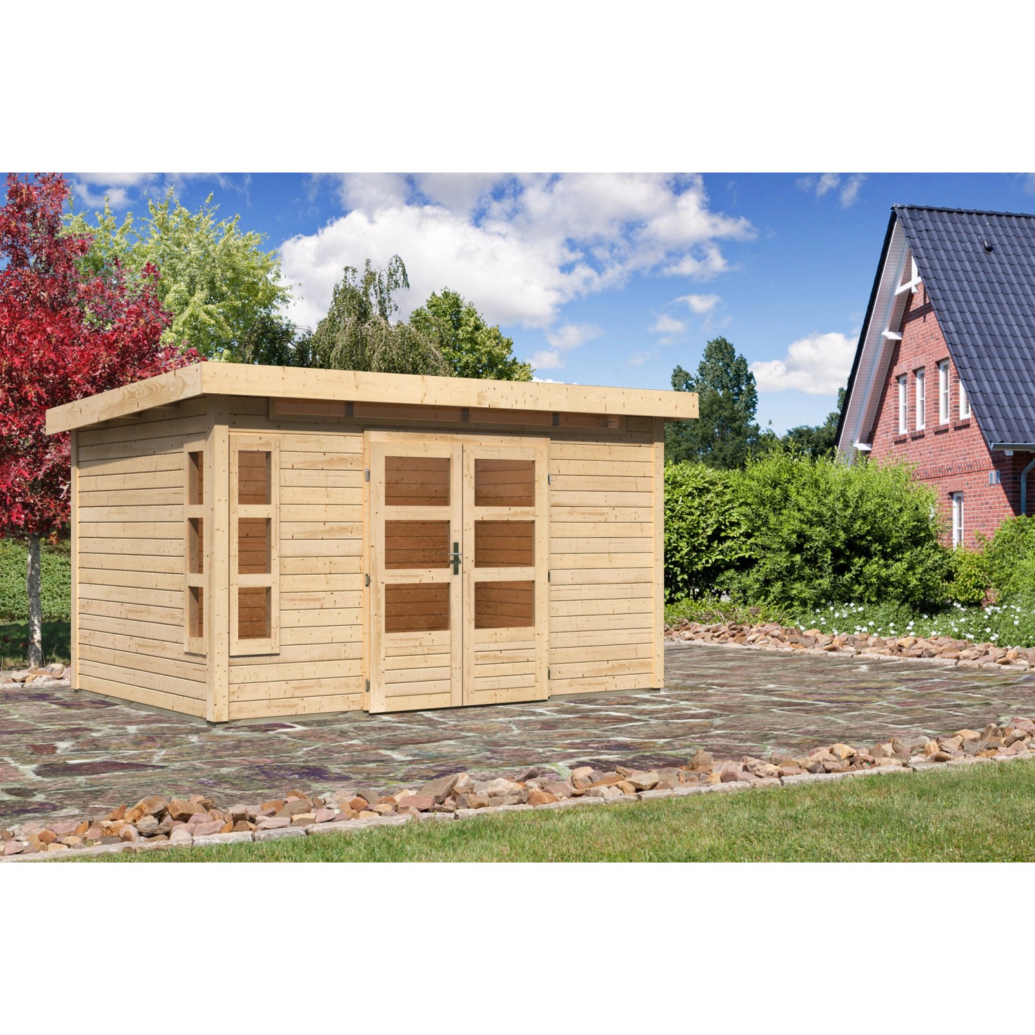 Karibu Holz-Gartenhaus/Gerätehaus Kastberg Naturbelassen Flachdach 360 cm x 240 cm