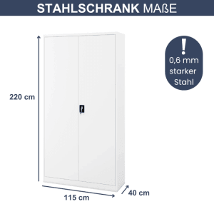 Weißer, abschließbarer DELUKE Aktenschrank KADO mit 6 Ebenen, 220x115x40cm, ideal für Büro und Werkstatt.