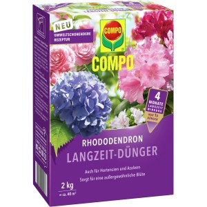 Compo Rhododendron Langzeit-Dünger 2kg Packung mit Blüten-Motiven für Rhododendren, Hortensien und Azaleen.