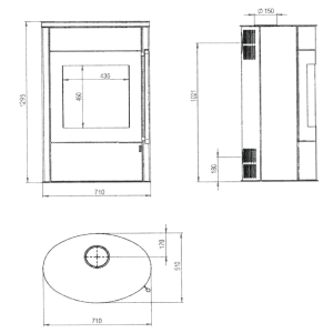 Technische Zeichnung Kaminofen H&M Germany Mango 2.0 Plus, Maße und Details.