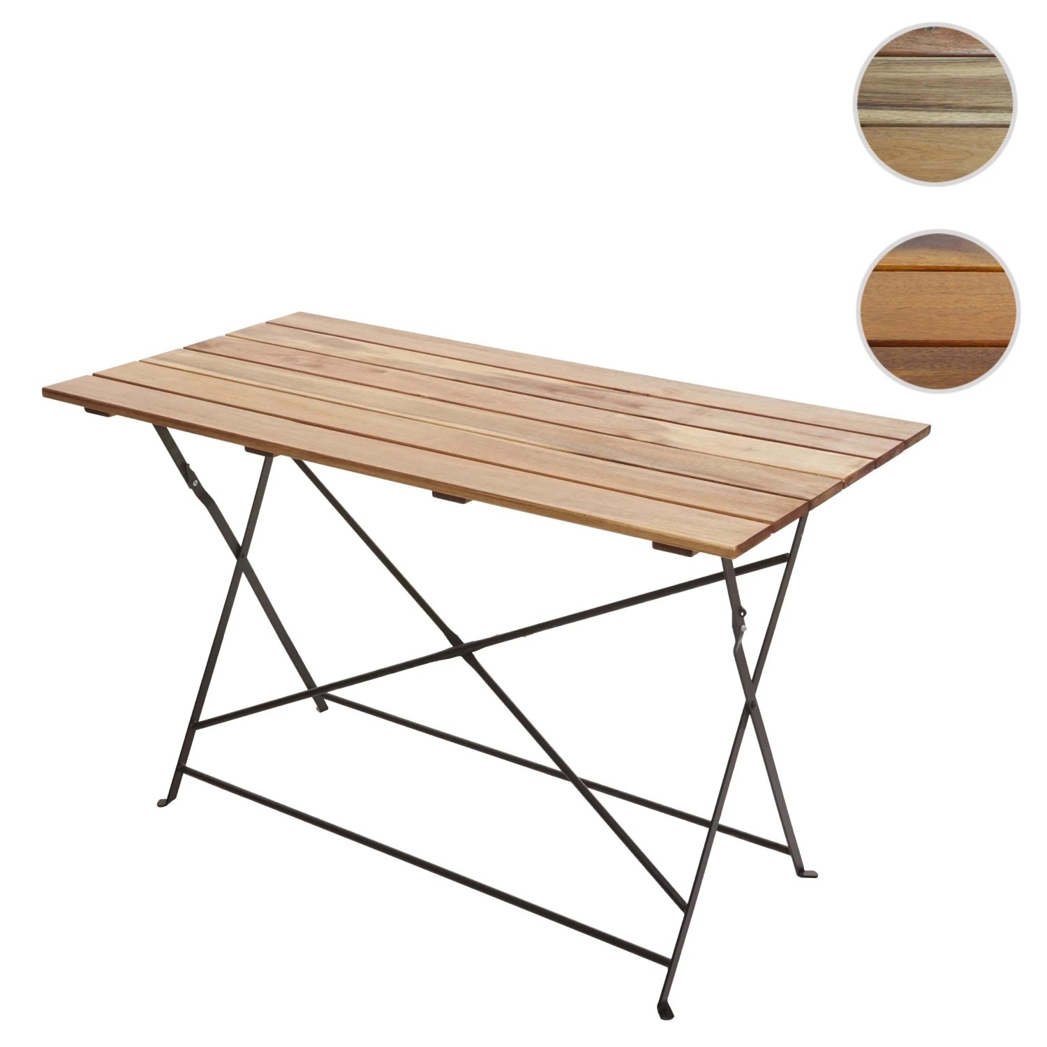 Klappbarer Biergartentisch aus Akazienholz mit schwarzem Stahlgestell. Ideal für Garten und Terrasse.