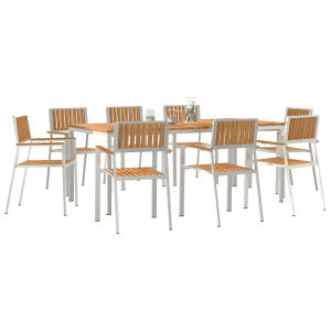 9-teilige Garten Essgruppe aus Teakholz mit weißem Gestell. Gartentisch mit 8 Stühlen.