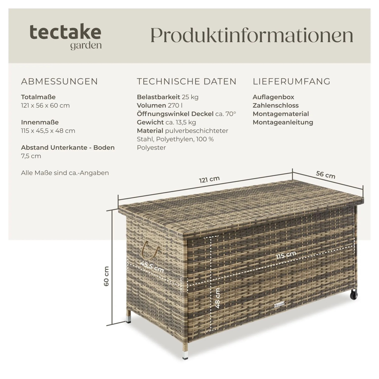 Auflagenbox Kiruna von Tectake, 270 L, Rattangeflecht, natur, mit Griffen und Rollen, Maße 121x56x60 cm.