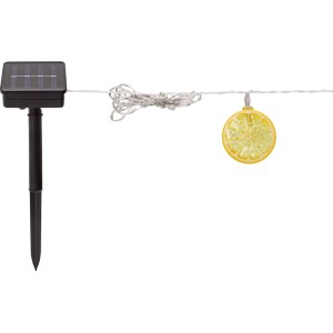 Solar-Lichterkette Zitrone mit Solarpanel und einer gelben Zitronenscheibe als Dekoration.