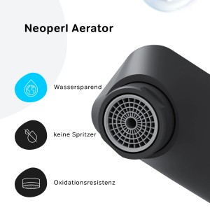 Detailaufnahme des Neoperl Aerators einer schwarzen AM.PM Waschtischarmatur. Wassersparend, keine Spritzer, oxidationsresistent.