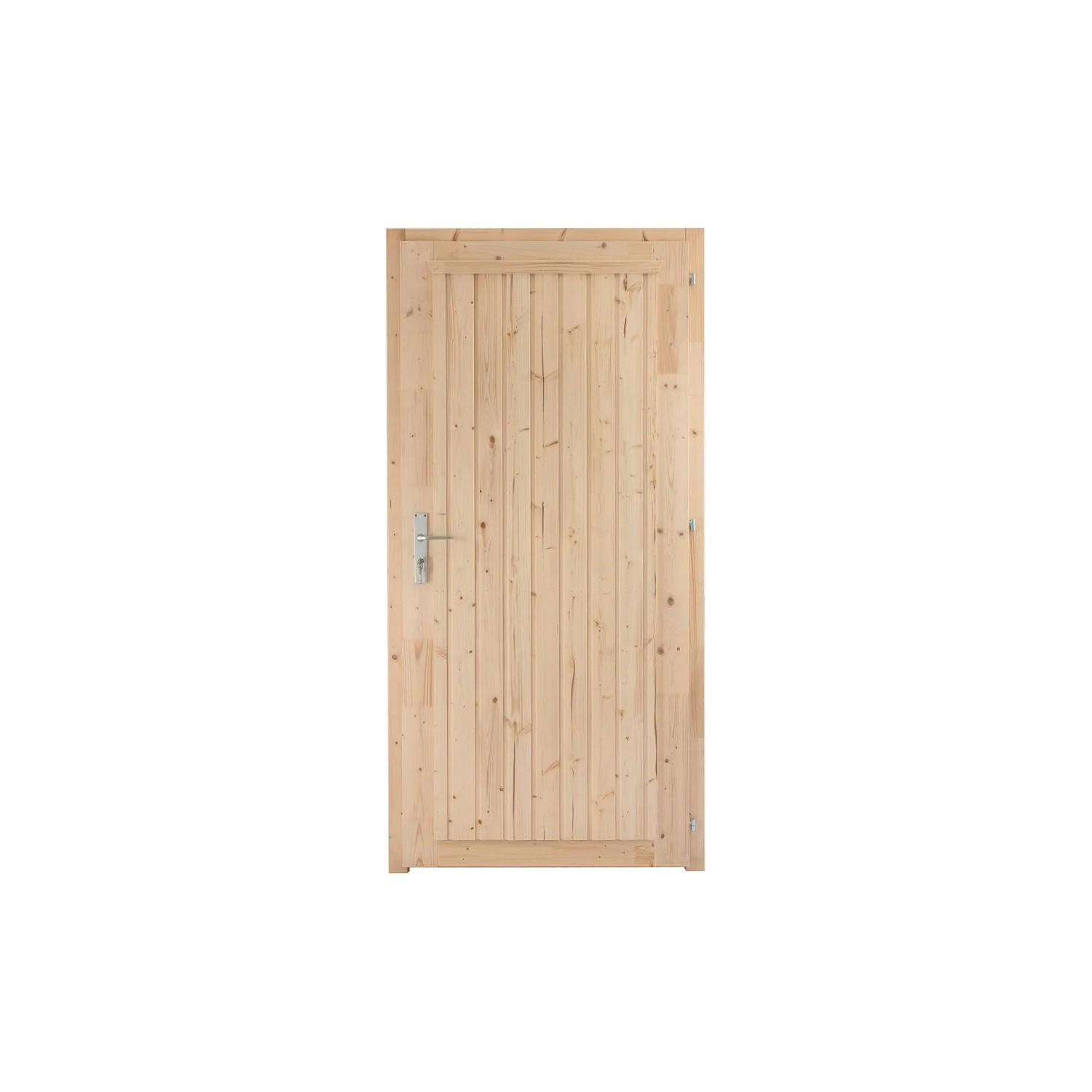 Unbehandelte Holztür mit vertikalen Latten und silbernem Griff für den Skan Holz Carport Emsland Abstellraum.
