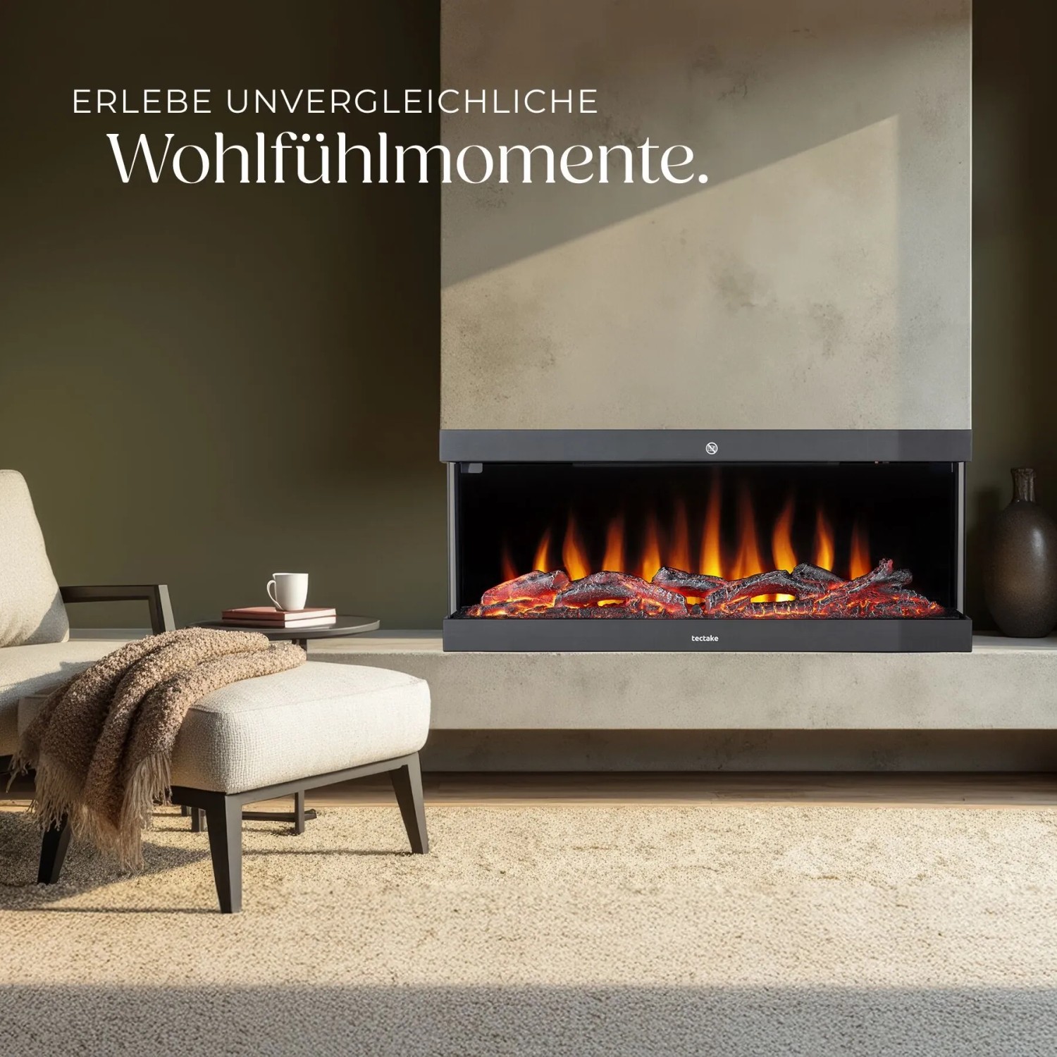 Tectake Elektro Wandkamin Luciano mit 3D Flammeneffekt und Holz-Glutimitation im modernen Wohnzimmer.