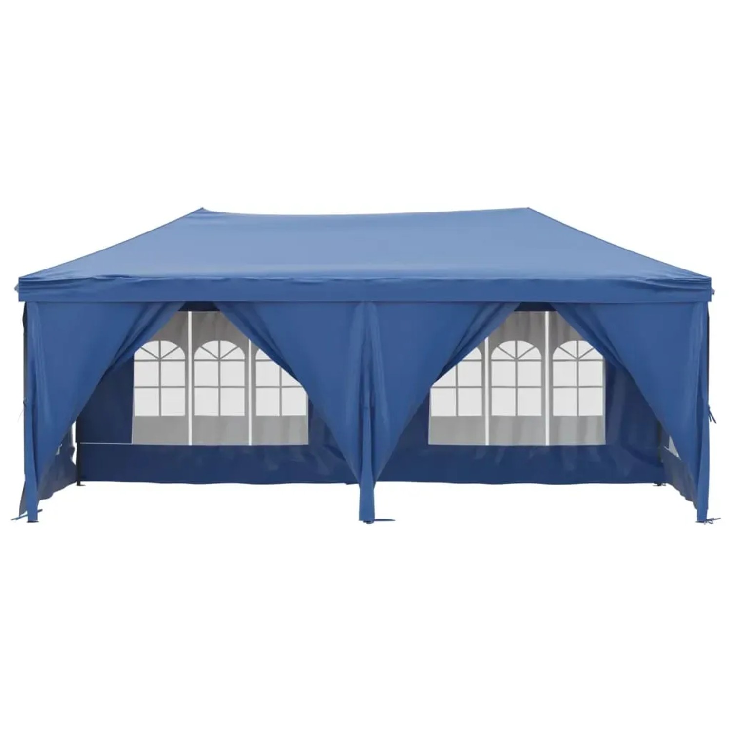 Blaues, faltbares Partyzelt 3x6 m mit Seitenwänden und Fenster für Garten oder Feiern.