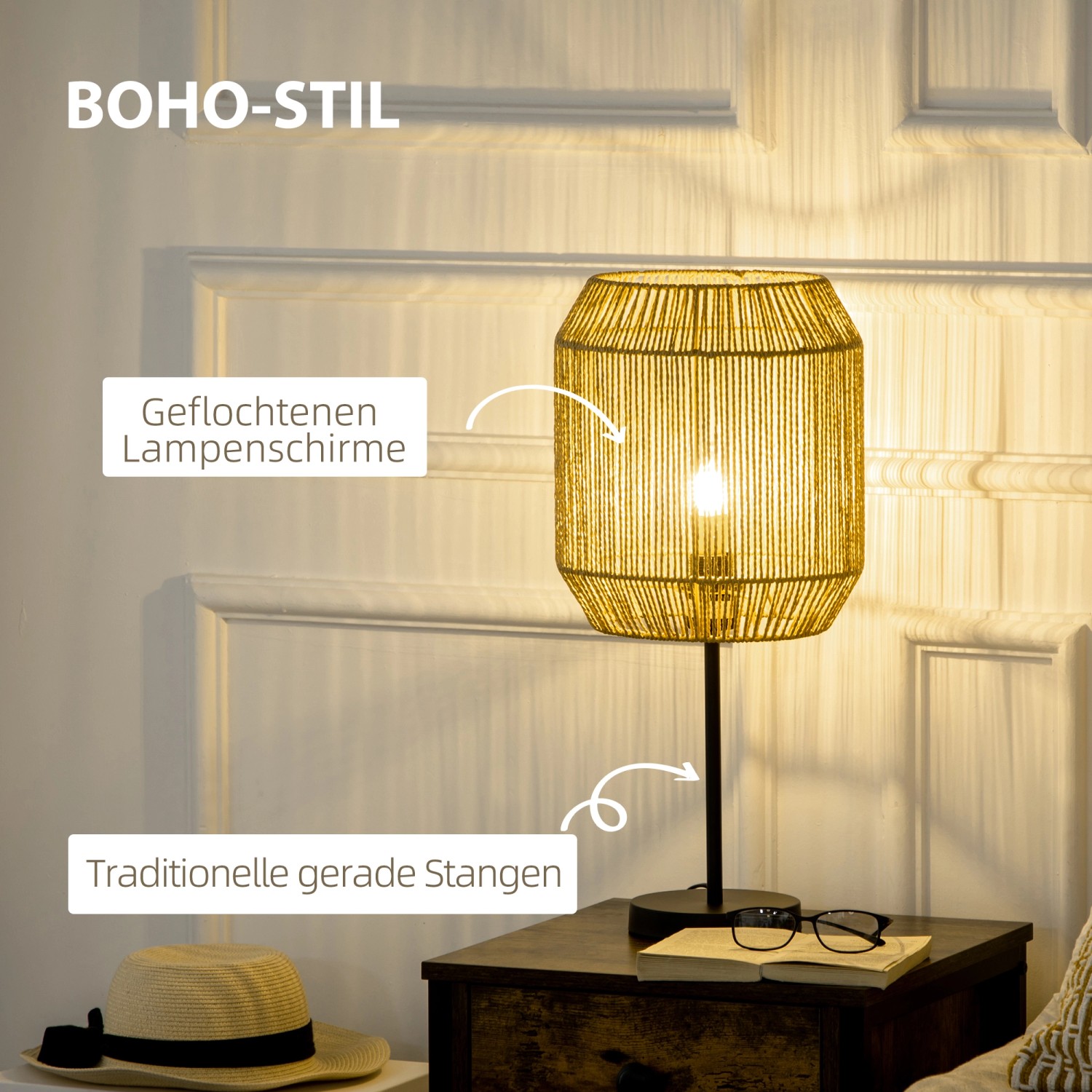 HOMCOM Stehlampe & Tischleuchte Set mit geflochtenem Lampenschirm im Boho-Stil.