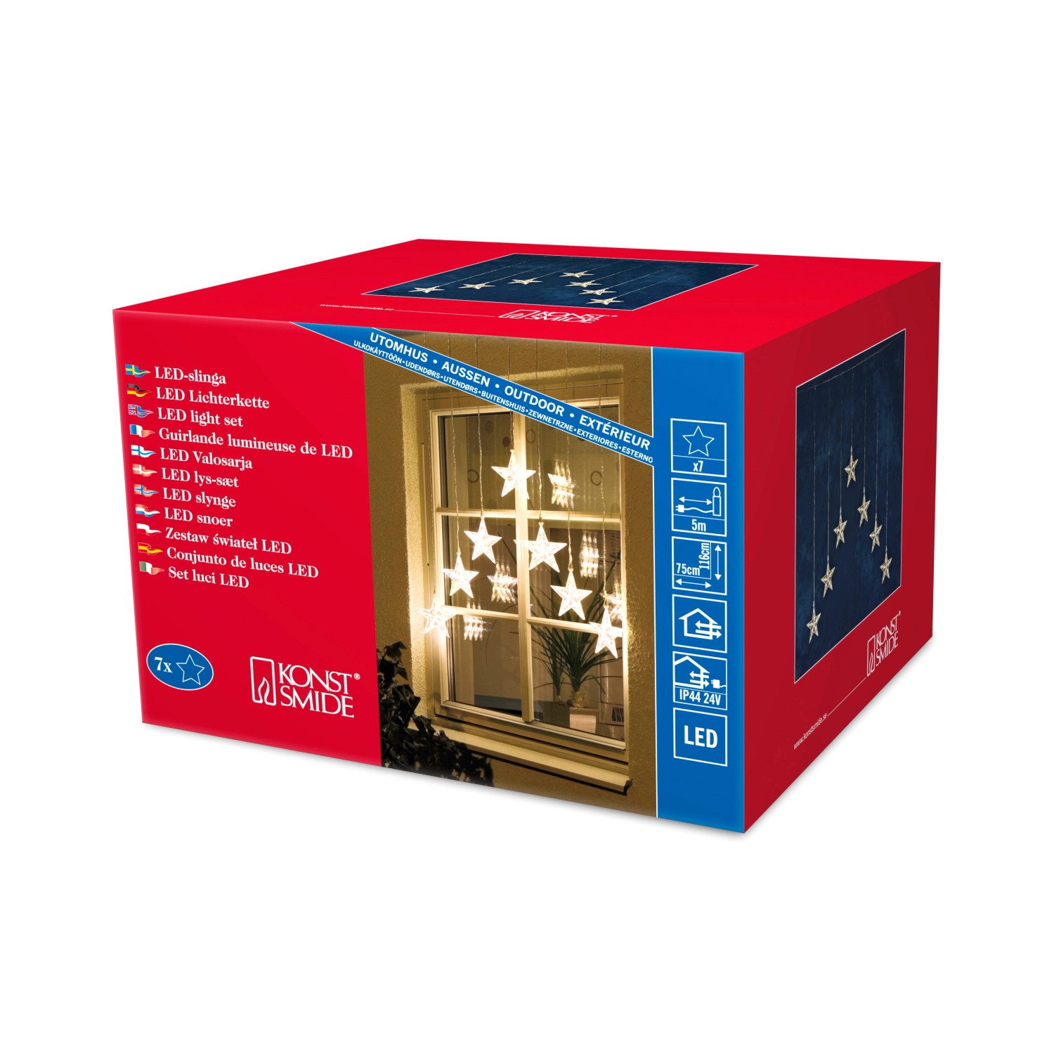Konstsmide LED-Lichtervorhang mit 7 Sternen, warmweiß, für Innen und Außen.