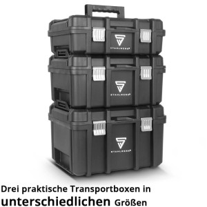 STAHLWERK Werkzeugtrolley mit 3 Systemboxen auf Rollplattform, gestapelt.