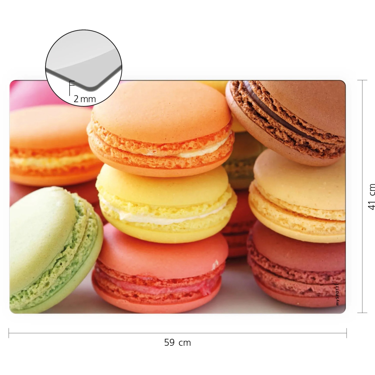 Myspotti Mini-Spritzschutzplatte mit Macarons-Motiv, 59x41 cm, für die Küche.