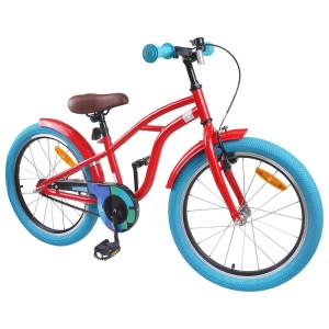 Rotes vidaXL Kinderfahrrad 20 Zoll mit blauen Reifen, braunem Sattel und bunter Kettenabdeckung für 6-11 Jahre.