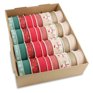 Sortiertes Geschenkband-Set für Weihnachten, 36 Rollen in verschiedenen Farben und Designs.