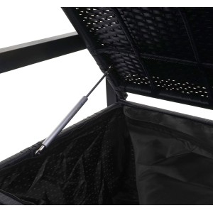 Geöffnete anthrazitfarbene Poly-Rattan Gartenbank mit Staufach und Hydraulik.