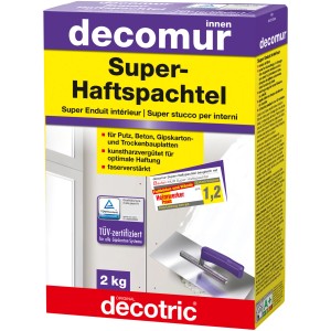 Decomur Super-Haftspachtel, 2 kg, für Wand- und Deckenarbeiten. Faserverstärkter Spachtel für optimale Haftung.
