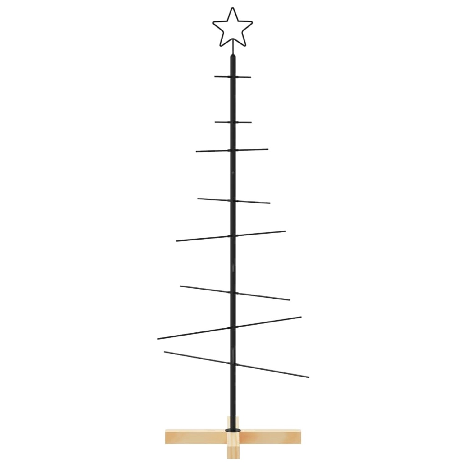 Schwarzer vidaXL Metall Weihnachtsbaum mit Holzständer, 120 cm hoch.
