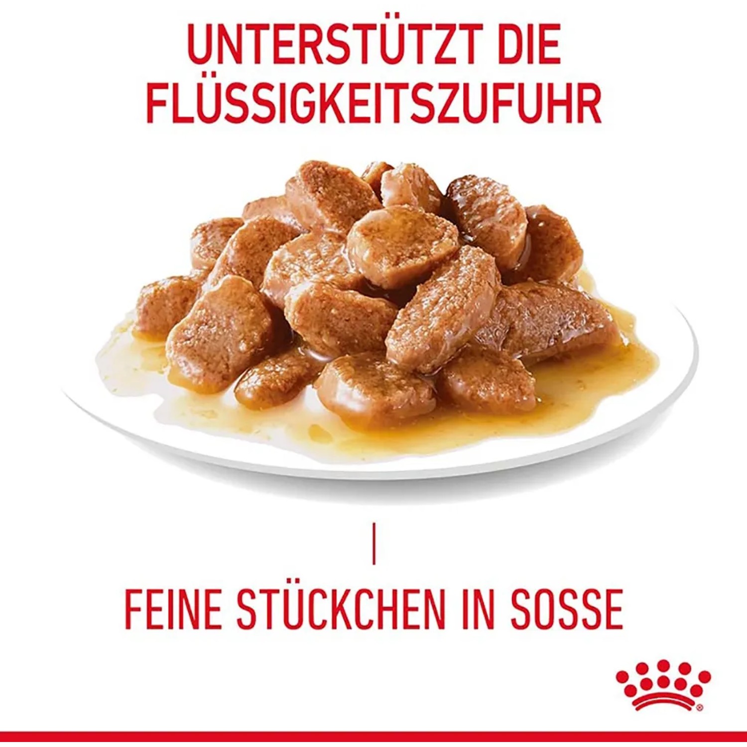 Royal Canin Light Weight Care Katzenfutter, feine Stückchen in Soße auf einem Teller.