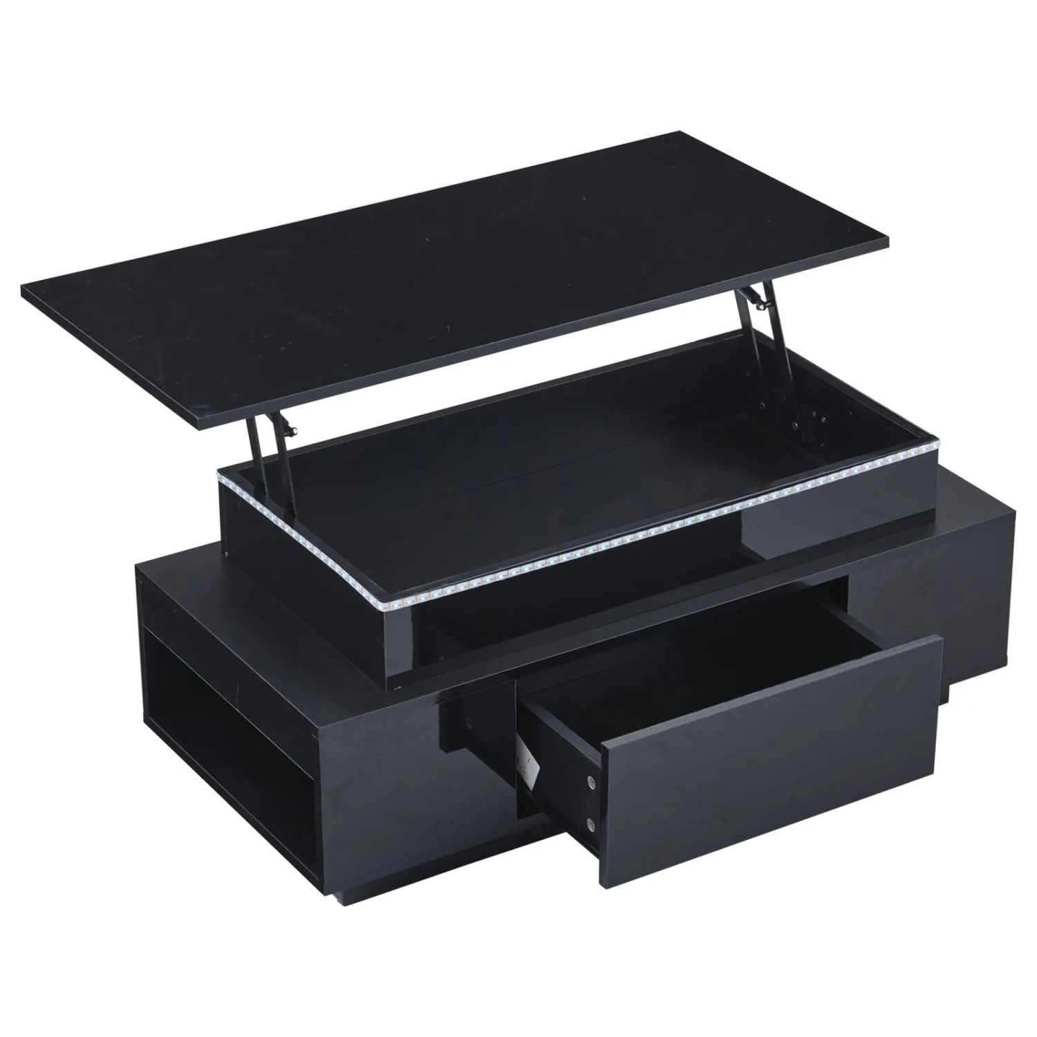 PXloue LED Couchtisch Schwarz Höhenverstellbar 96 x 45 cm mit Schublade Hochglanz