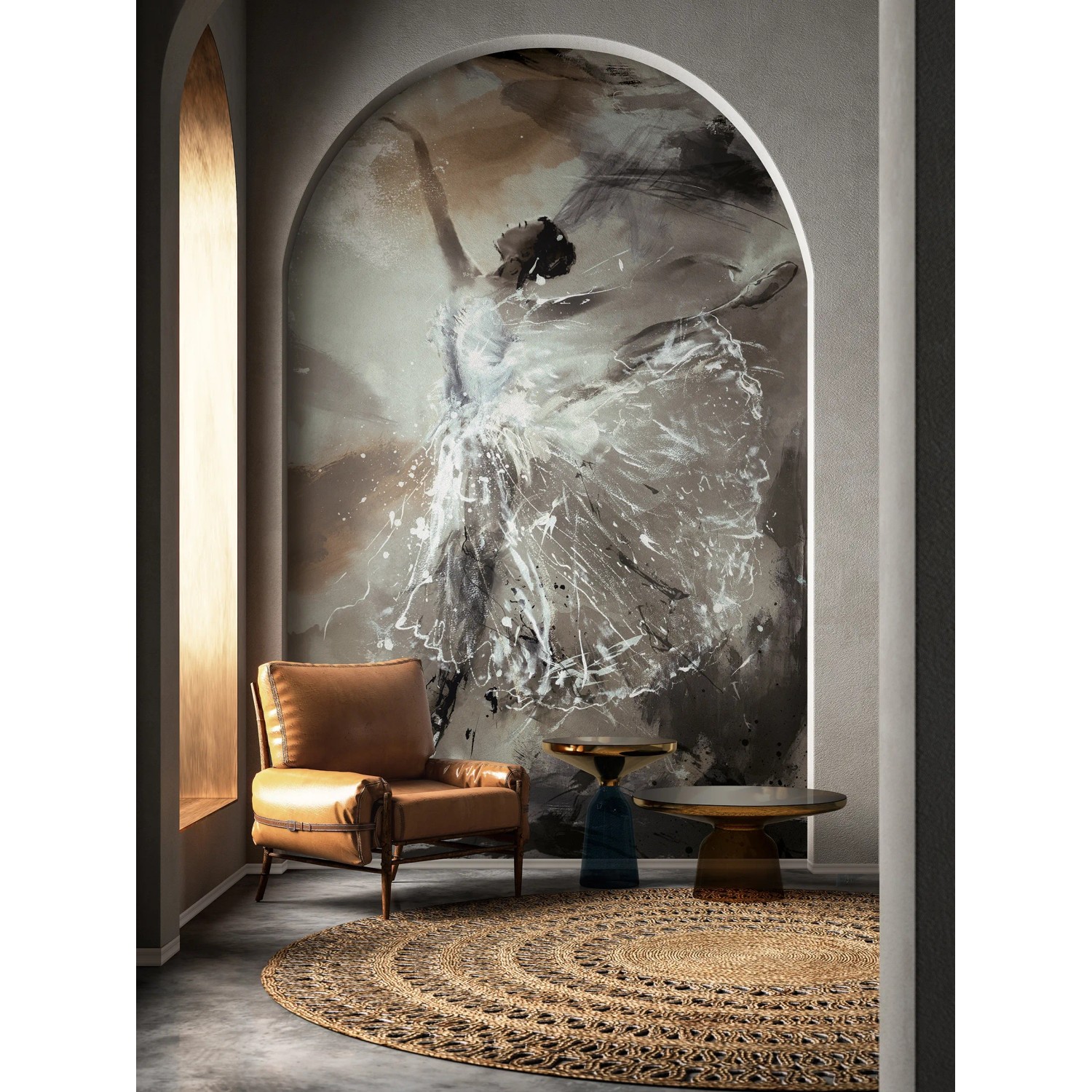 Moderne, graue Marburg Vliestapete Ballerina (270x212cm) mit grafischem Muster im Wohnraum.