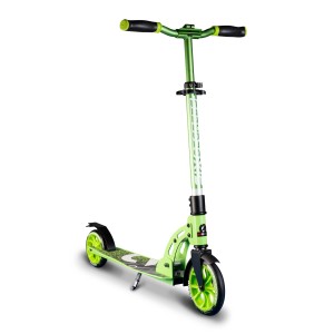 Grüner Six Degrees Aluminium Scooter Junior mit Klappmechanismus und Ständer.
