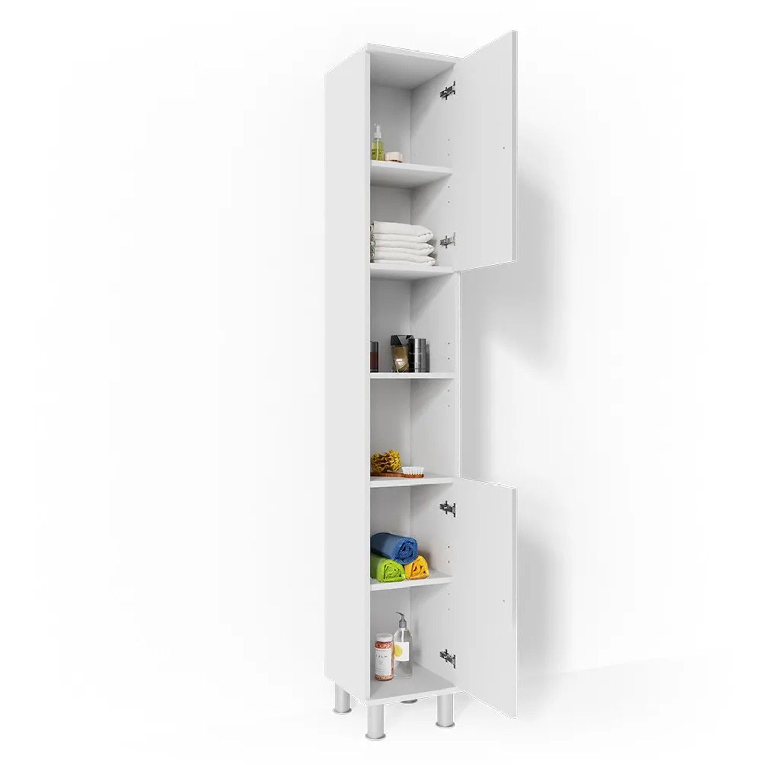 Weißer Vicco Badschrank Fynn Hochglanz, 30x190 cm, mit offenen Türen und Regalfächern. Badregal für mehr Stauraum.