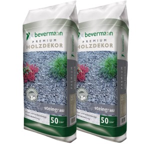 Zwei Säcke Bevermann Holzdekor Grau, 2 x 50 l, zur dekorativen Bodenabdeckung im Garten.