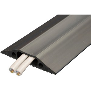 Schwarze D-Line Kabelbrücke (180mm) mit zwei Kabeln im Kanal. Rutschfeste Kabelabdeckung für Innenräume.