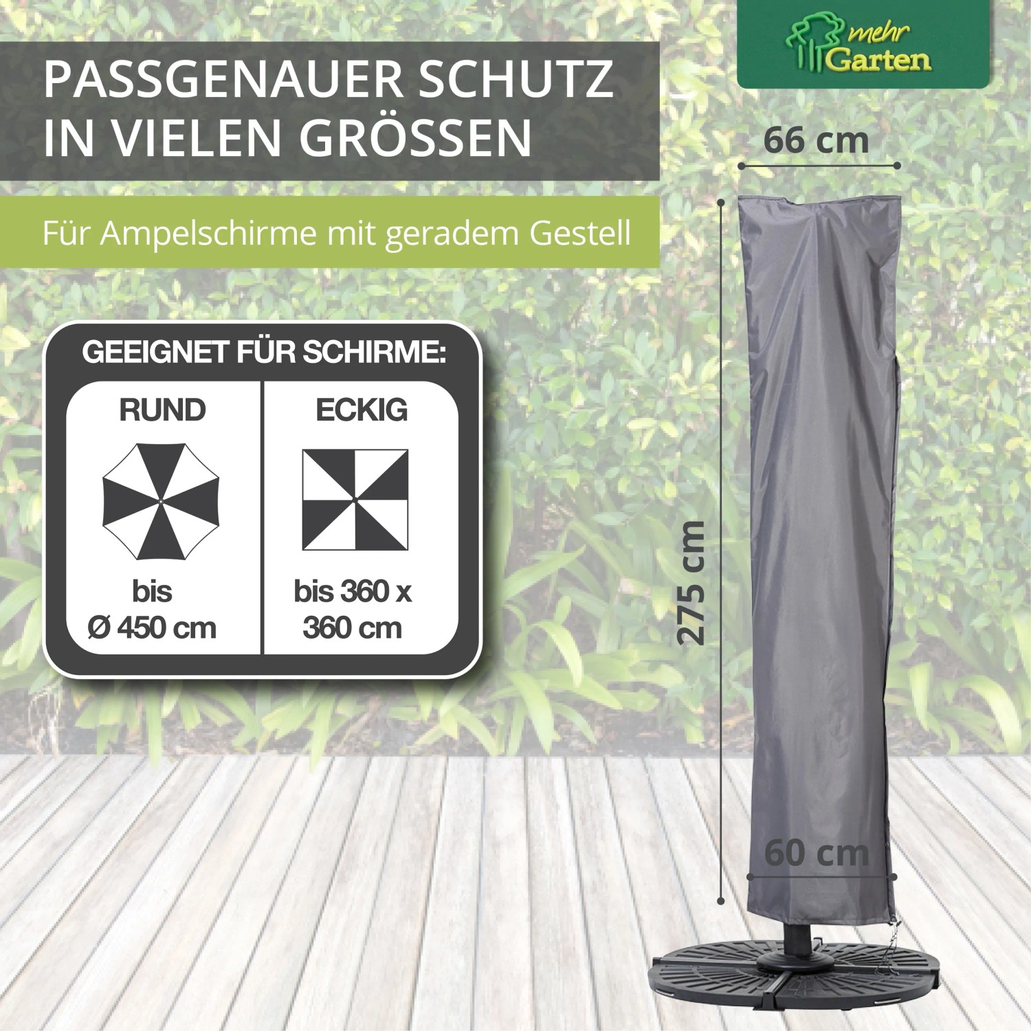 Graue Schutzhülle für Ampelschirm mit geradem Gestell, geeignet für runde und eckige Schirme.