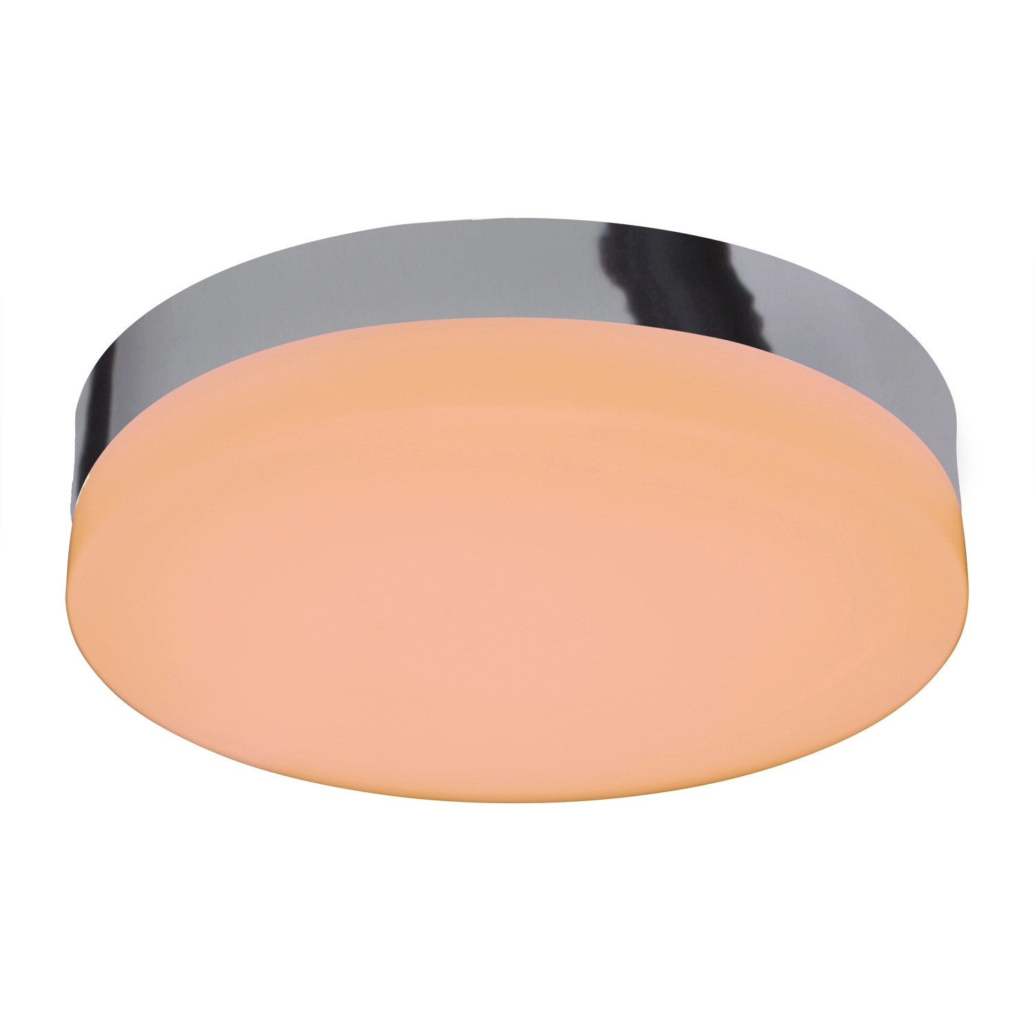 Moderne LED-Deckenleuchte Paris mit Chromrand und weißem Lampenschirm.