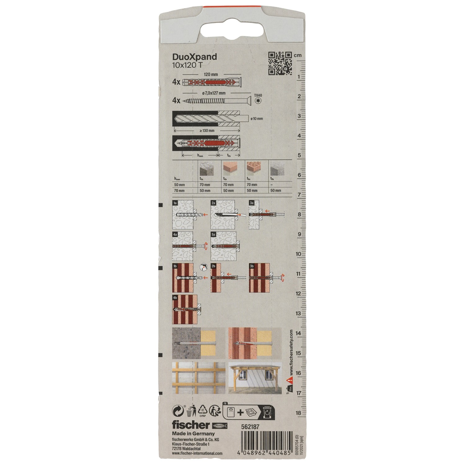Fischer DuoXpand Dübel 10x120 mm, 4er-Pack. Langschaftdübel mit Senkkopfschraube für Beton und Mauerwerk.