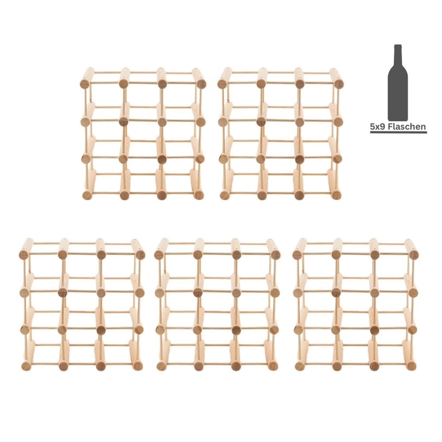 Modulares Weinregal aus Eiche für 45 Flaschen, geölt.