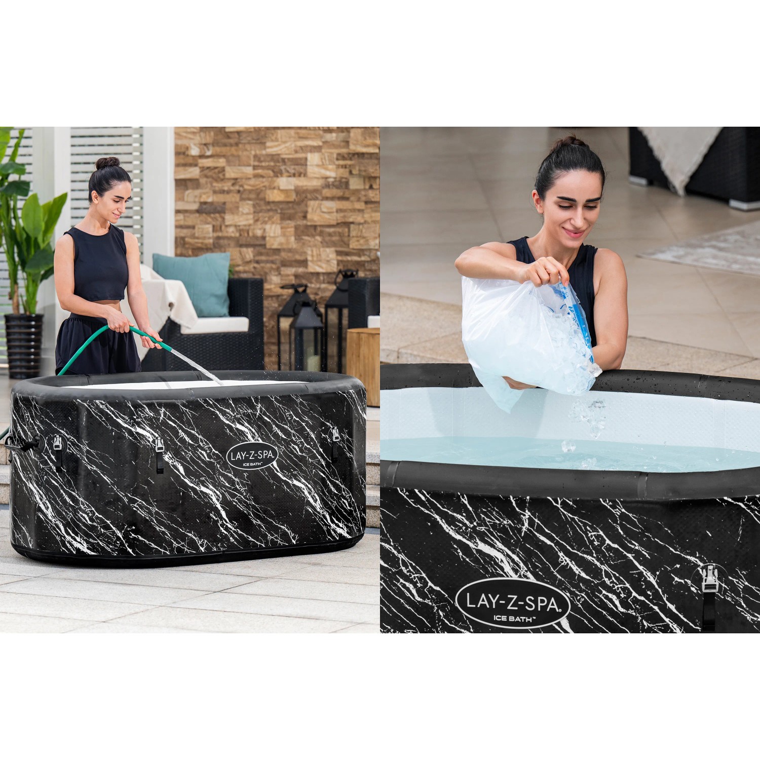 Bestway Eisbad Glacial Dip, aufblasbar, mit Marmor-Optik. Frau befüllt es mit Wasser und Eis.