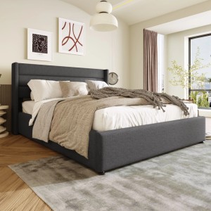 Graues Polsterbett 160x200 mit Stauraum, Bettkasten, Lattenrost und Matratze.
