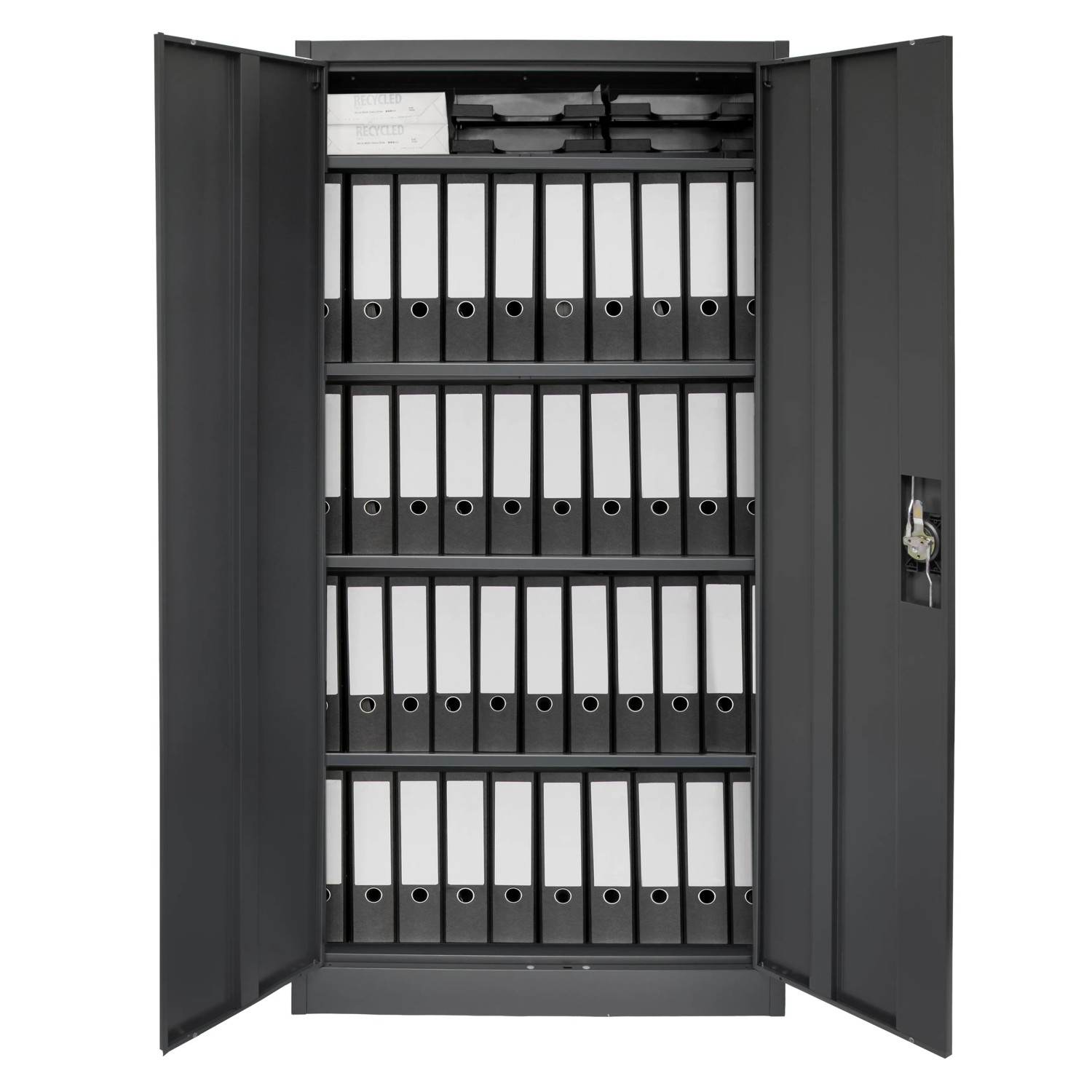 Offener Rikta Metallschrank, 168 cm, anthrazit, mit Aktenordnern auf vier Einlegeböden.