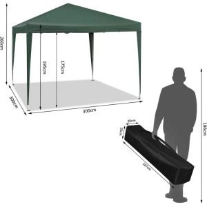 WOLTU Pop-Up Pavillon, 3x3m, Grün, mit Maßen und Tragetasche. Ideal als Sonnenschutz.