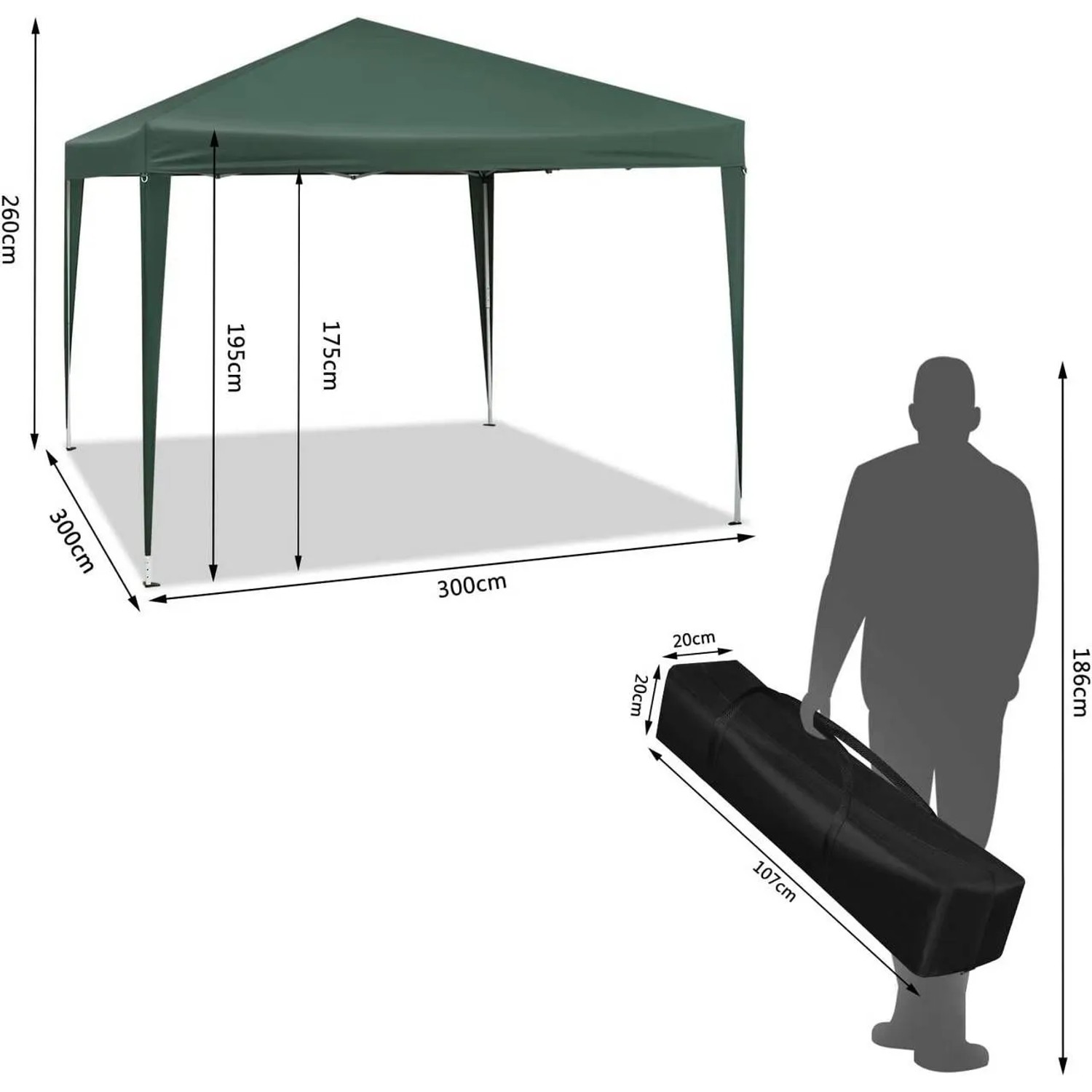 WOLTU Pop-Up Pavillon, 3x3m, Grün, mit Maßen und Tragetasche. Ideal als Sonnenschutz.