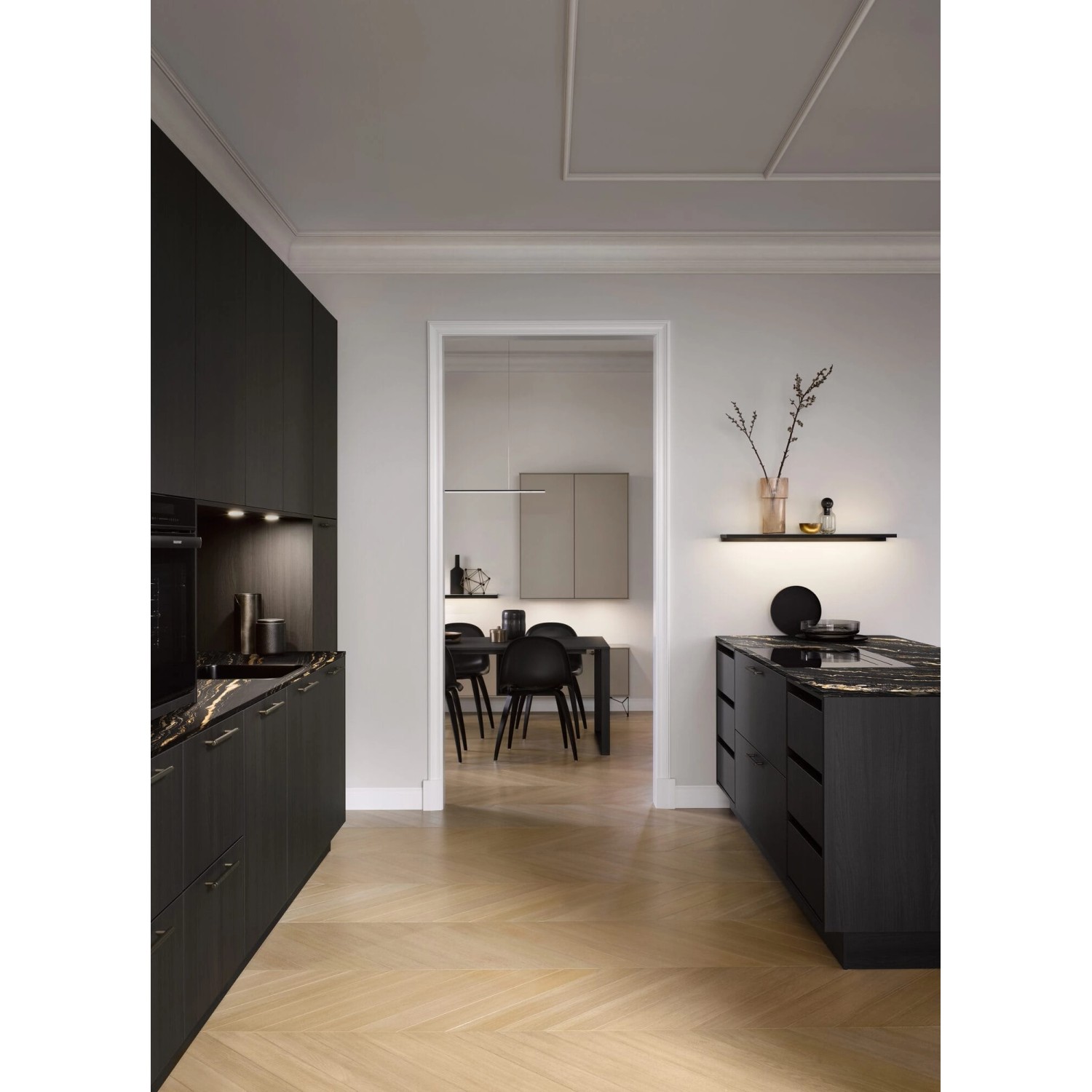 NOEL & MARQUET NMC AD23-Box ARSTYL Eckleisten, 13 Stuckleisten (26 m), weiß, in moderner Küche.