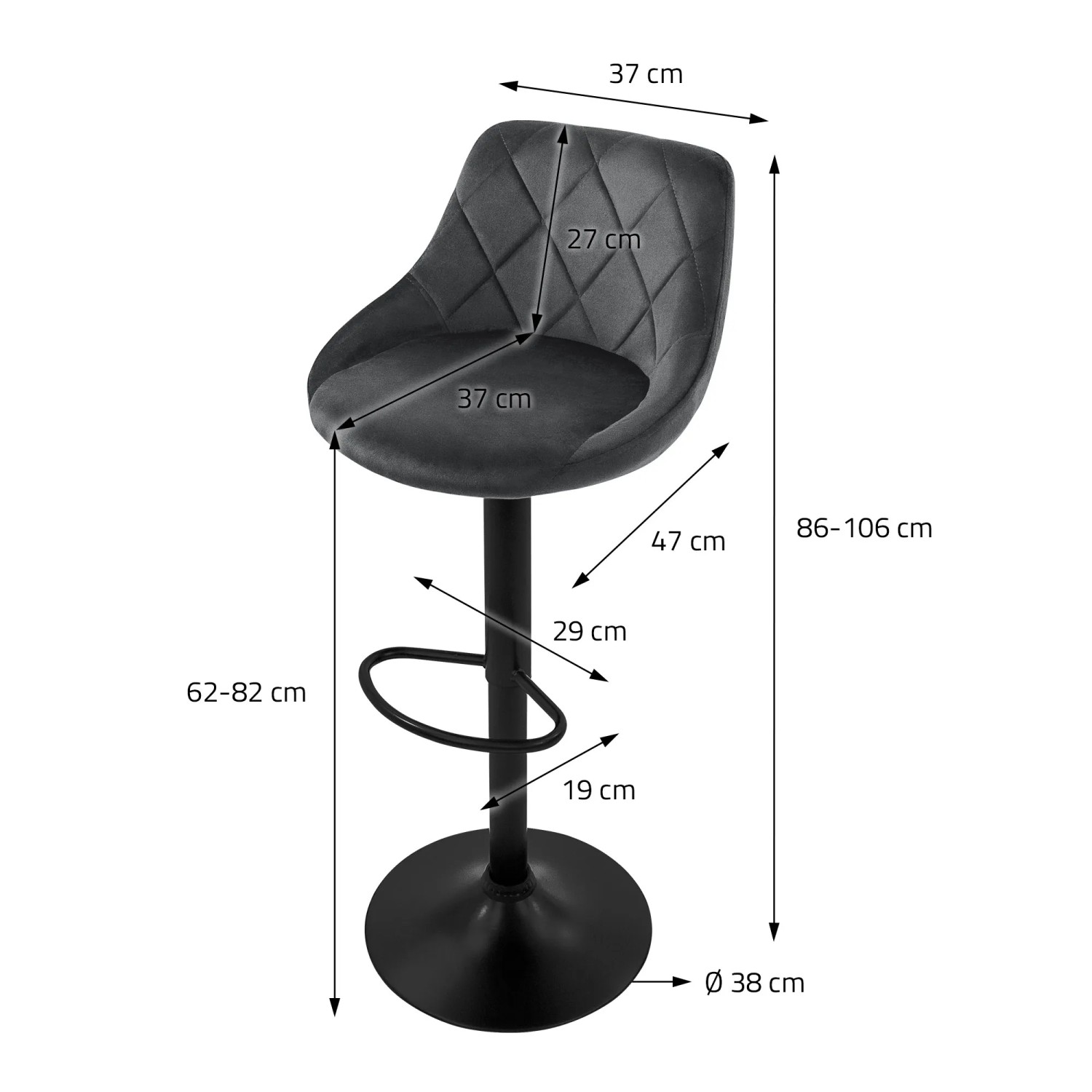 ML-Design Barhocker 4er Set Grau Samt, drehbar & höhenverstellbar, mit Maßangaben.
