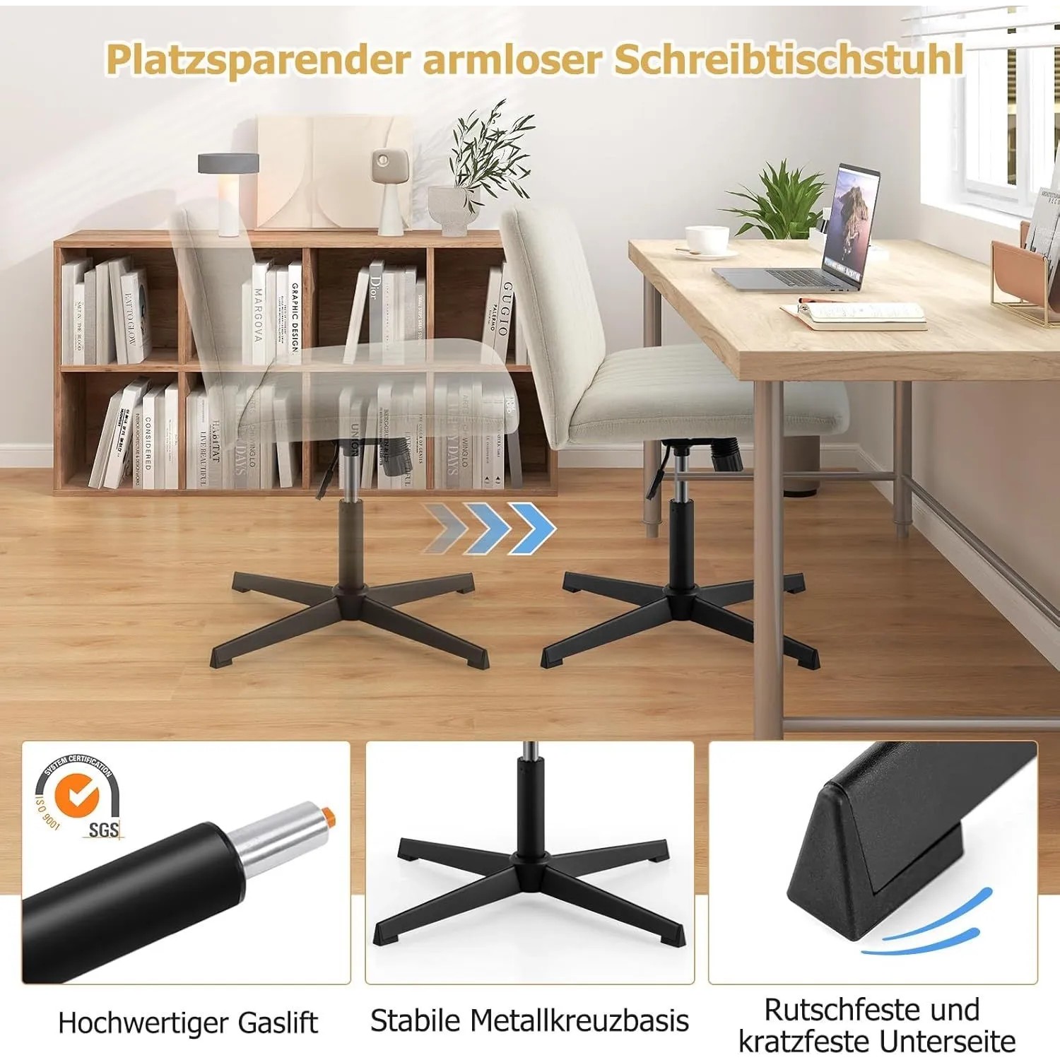 Beiger Costway Drehstuhl ohne Armlehnen mit Wippfunktion und Höhenverstellung.
